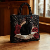 Quilted Artisanal Bag - Black Cat on Books