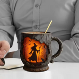 Artisanal Halloween 3D Mug with Witch and Cat Pattern
