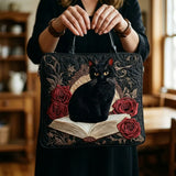 Quilted Artisanal Bag - Black Cat on Books